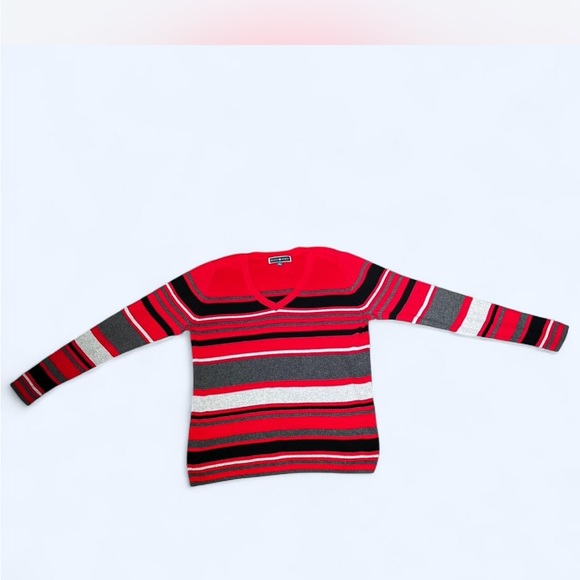 Karen Scott Red and Black V-Neck Sweater - Picture 1 of 5